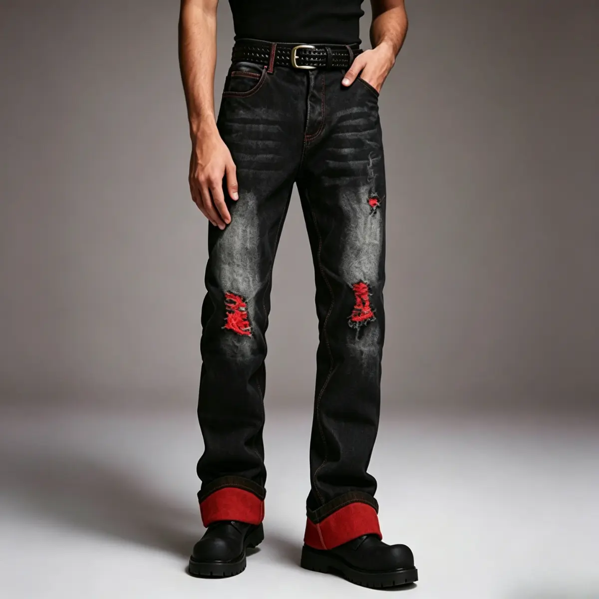 Men’s Vintage Black-Red Color-Block Ripped Denim Jeans, Menswear Straight-Leg Long Trouser, Plain Fashion Street Style Pants, Streetwear, Casual