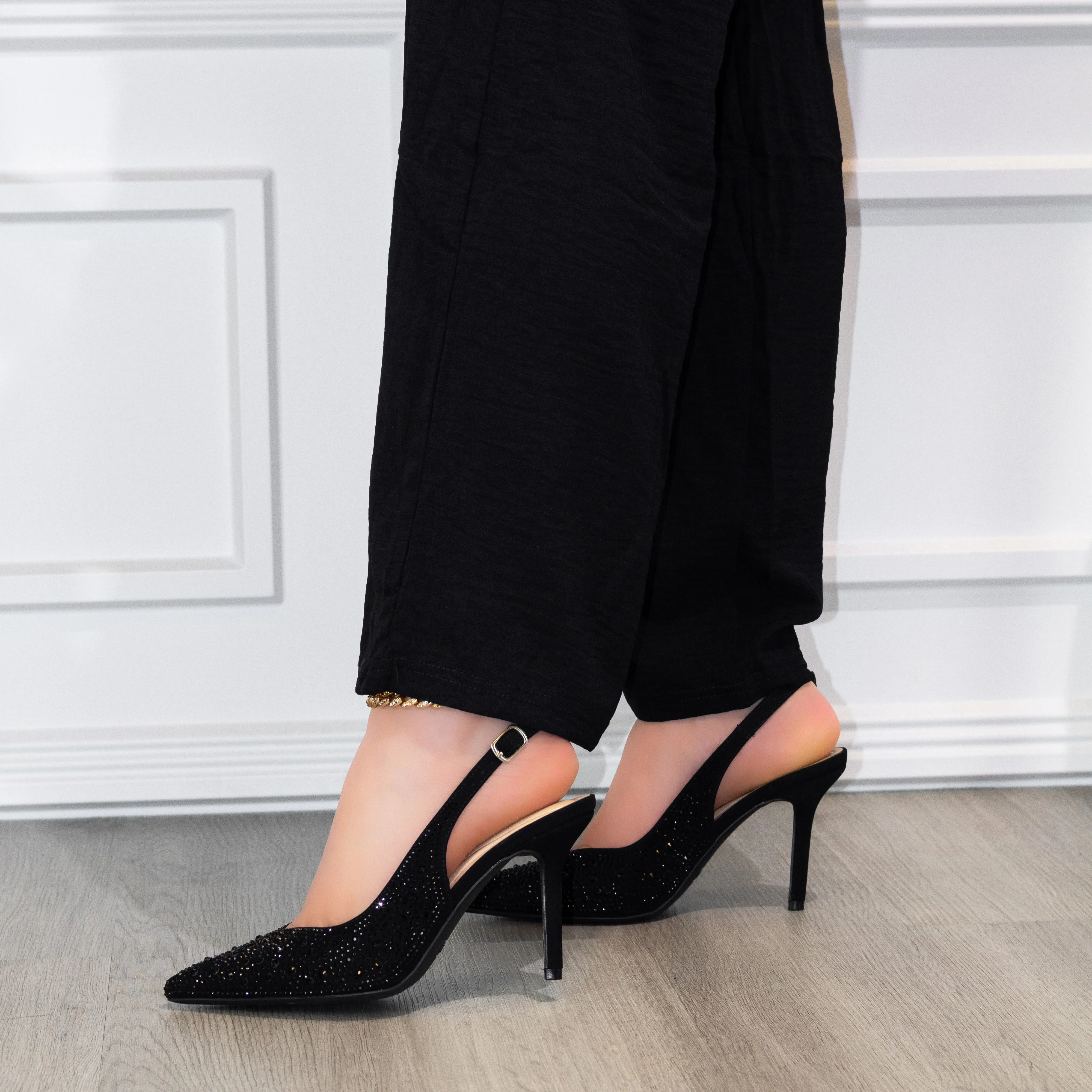 Bliss - Comfort Insole Pointed Toe Slingback Rhinestone Pumps, Elegant Black Stiletto Heels with Sparkling Crystal Detail, Comfortable 3.5 Inch Heel Dress Shoes for Party, Wedding & Evening Wear