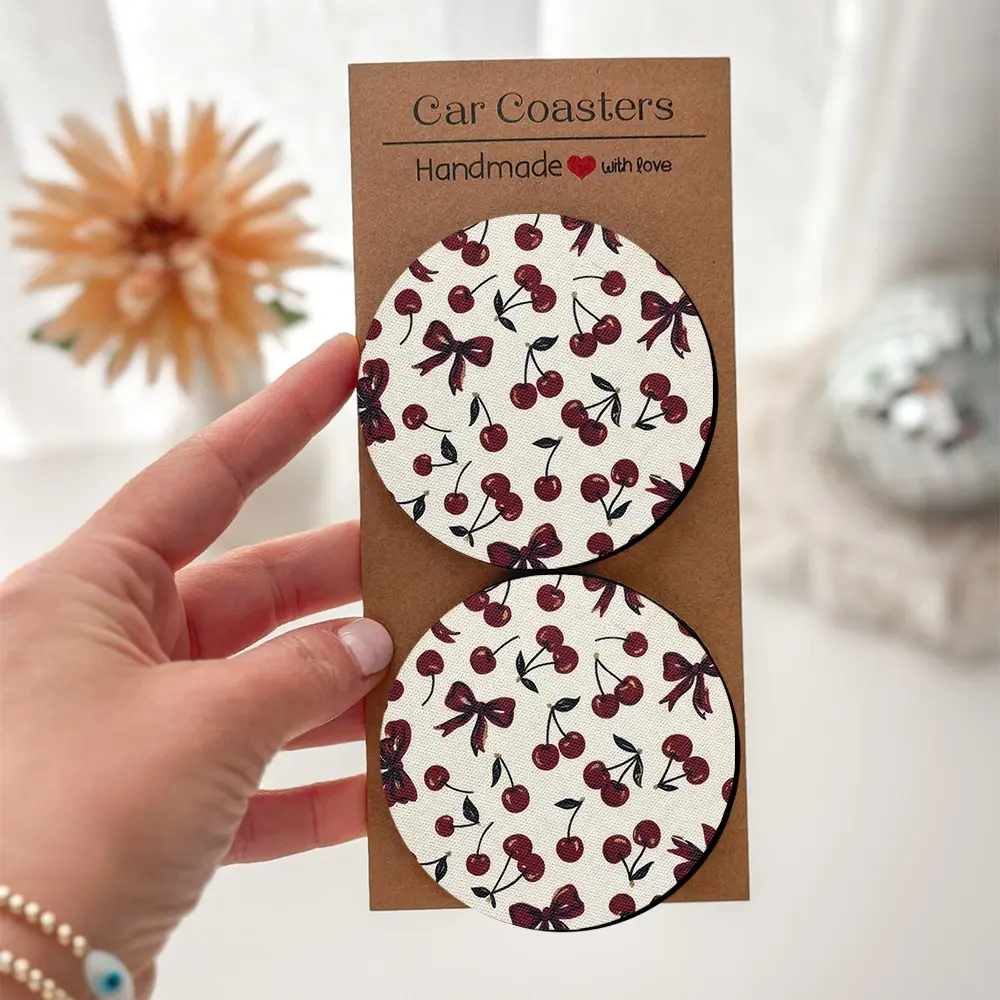 Bows On Everything | 2/4Pcs Cherry Coquette Desk Coasters - Red Bow Print, WFH & Dorm Desk Decor for Her, Decorative Coaster Set