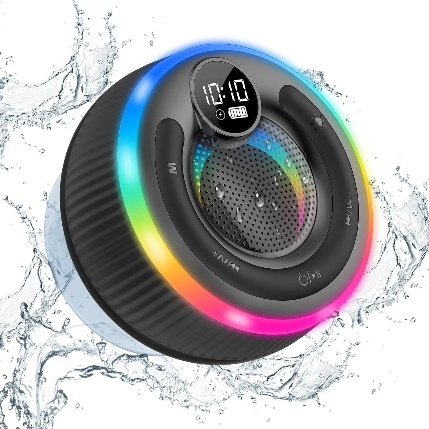 Speaker, Shower Speaker Stereo Sound, IPX7  Speakers, Digital Display Portable Speaker with Suction Cup, LED Light, Small  Speakers for Outdoor Party Beach Bathroom, Black