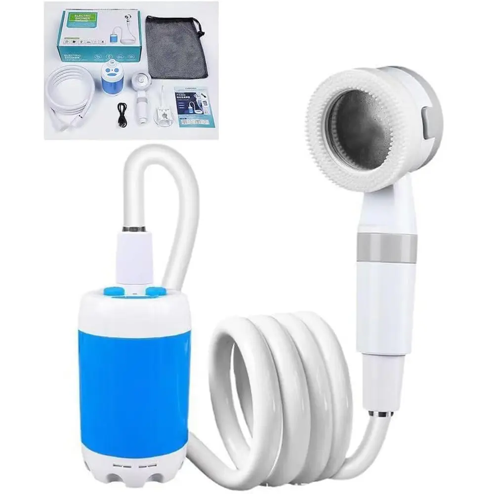 Rechargeable Camping Showerhead, Portable Outdoor Shower Pump Kit with 4000mAh USB-C Battery, Dual Flow Modes & Silicone Massage Nozzle - Camping Supplies for Hiking & Travel, Compact