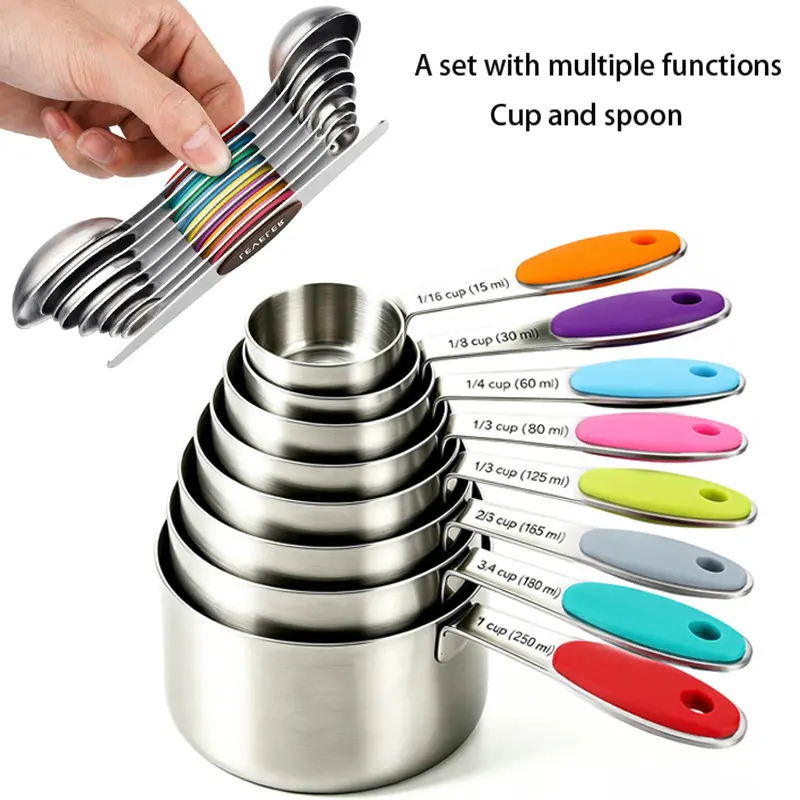 Stainless Steel Kitchen Measuring Cups and Spoons Set, Kitchen Utensils with Silicone Anti-Slip Handles for Food Ingredient Measurement
