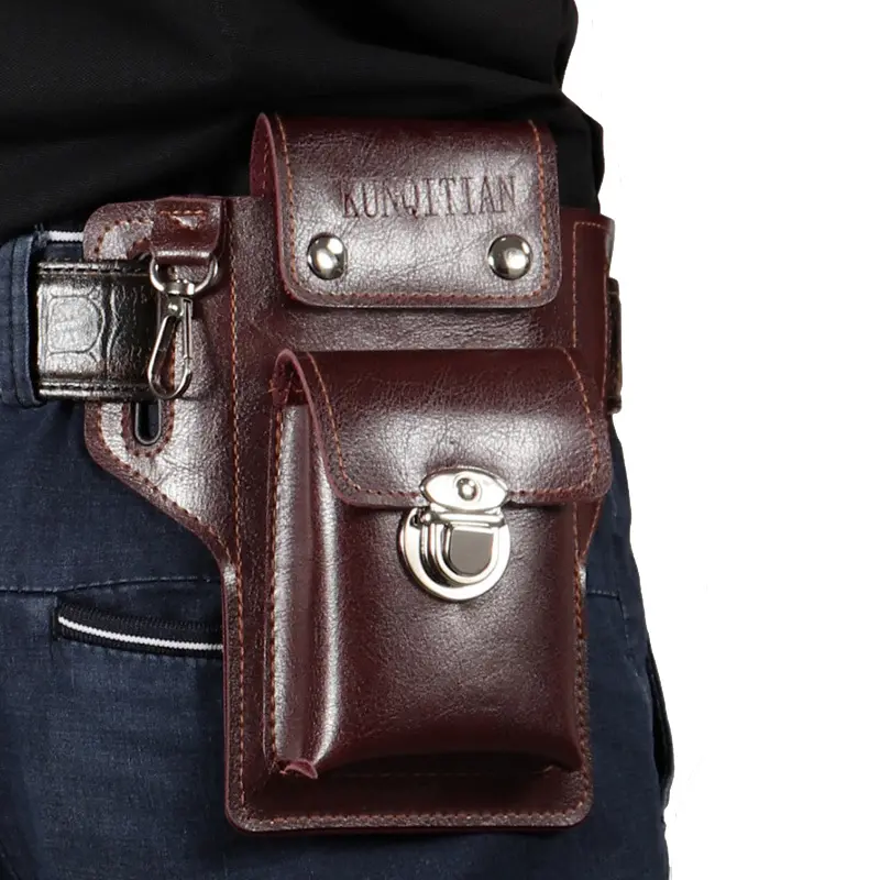 Men's Leather Phone Holster Pouch - Classic Belt Bag with Waist Loop, Key Ring, Fits Large Smartphones with Thick Cases, Leather Belt Bags for Sports & Outdoor Camping Hiking, Large Size, Everyday Beltpack, Hip Pack, Waist Bag Holder