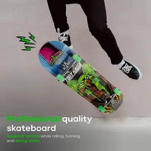 31 Inch Complete Skateboard 9-Ply Maple Wood Deck Premium Pro Trucks Full Grip Tape Double Kick Concave Street Trick Skateboard for Beginners Kids Teens Adults Cruising Carving Freestyle Outdoor Skate Board