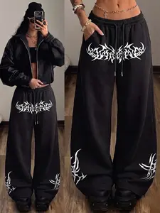 Women High-Waisted Wide-Leg Loose Sports Pants, Casual Adjustable Drawstring Waist, Print Pattern, All-Season, Y2K Style, Versatile Long Pants, Womenswear