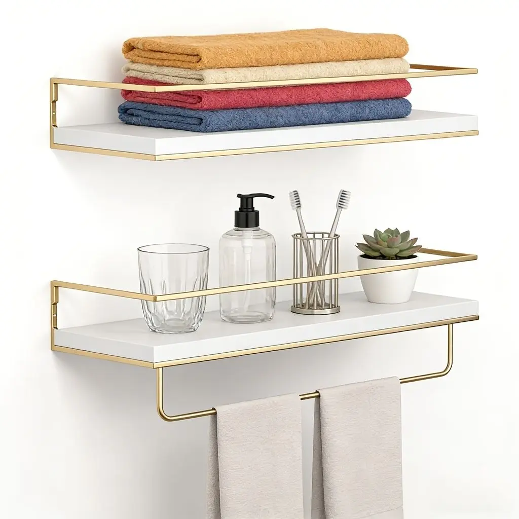 2-Pack White Wood Floating Shelves with Gold Towel Bar - Wall-Mountable Racks with Bathroom Towel Hooks, Bathroom Organizers, Modern Home Decor Accessories