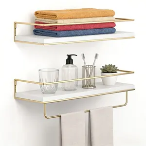 2-Pack White Floating Shelves with Gold Towel Bar - Modern Wall Mounted Decor & Storage Rack for Bathroom, Kitchen, Living Room, Bedroom