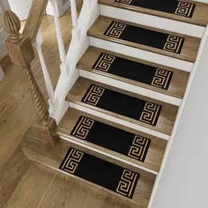 Slip-Resistant, Non-Adhesive, Durable, Stain-Resistant, Washable 8.5X26 in. Stair Treads To Enhance Safety, Protect Stairs, And Reduce Noise. Contemporary Greek Key Design.