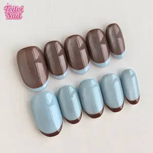 Brown Blue Handmade Press-On Nails | Short Square Shape, 10pcs | Soft Fresh Brown Blue French Design | Brown & Dusty Blue Glitter & French Tip Accents | Reusable DIY Nail Kit for Women | Trendy Nails for Spring, Summer, Dates & Daily Wear | Soft Gentle