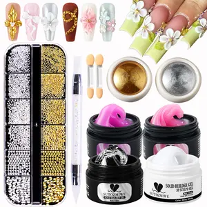 Solid Builder Gel Nail Art Kit, 3D Sculpting Gel with Mirror Powder, Steel Ball Decorations & Tools for 3D Flower Carving, Manicure Design