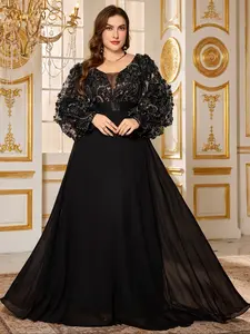 Random Floral V-Neck Lantern Sleeve Chiffon Sequined Embroidered Flower Waist A-Line Plus Size Party Evening Maxi Gown Dress