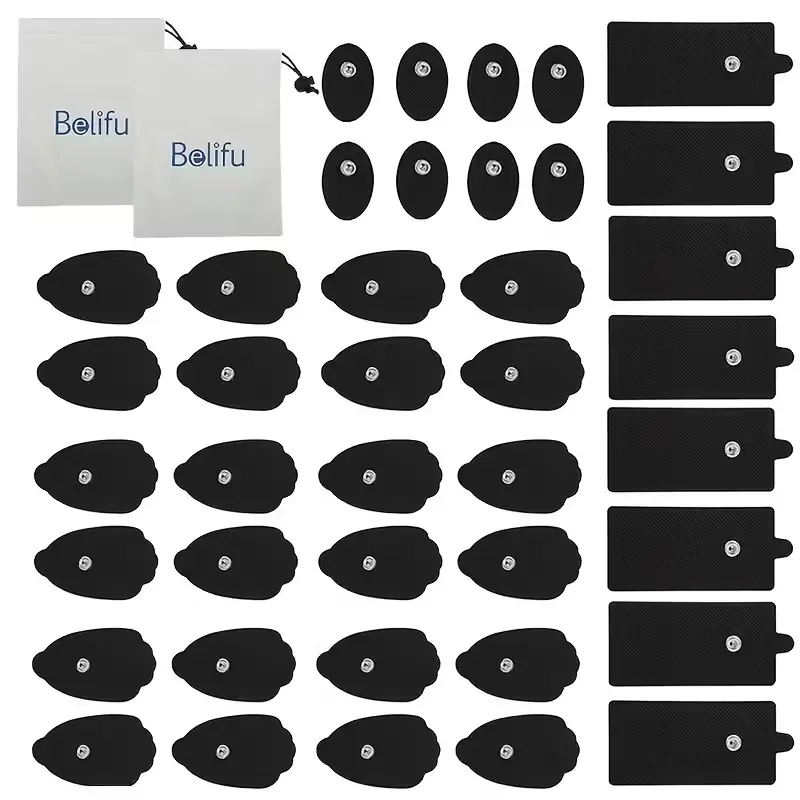 Belifu 40-Pack Durable TENS/EMS Unit Replacement Pads for Sensitive Skin, Universal 3.5mm Snap-On/Push Button Wires, Latex-Free, Up to 50 Uses, Ensures Prolonged Use, with Storage Bag