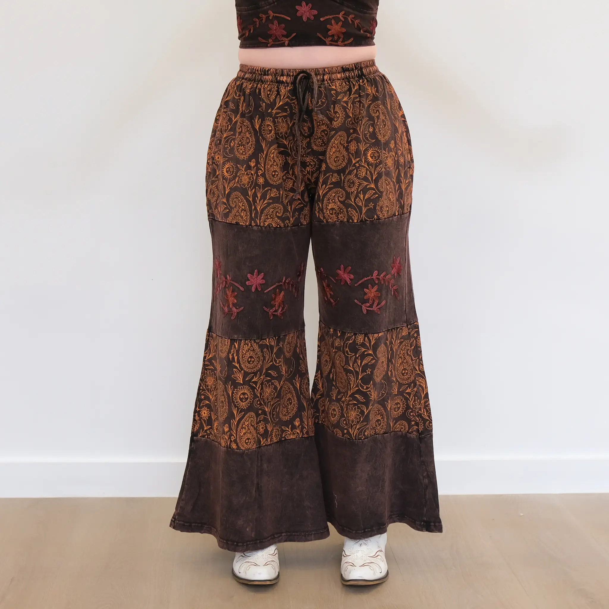Floral Embroidery Wide Leg Pants, Bohemian Paisley Print Palazzo Pants, Cotton Stonewashed Flowy Boho Hippie Trousers