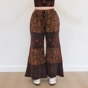 Floral Embroidery Wide Leg Pants, Bohemian Paisley Print Palazzo Pants, Cotton Stonewashed Flowy Boho Hippie Trousers