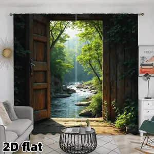 2D Flat 2Pcs Forest Stream Scenery Window Curtains, Wooden Door Frame Design, Nature Landscape Print, Rod Pocket Style, Semi Shading Polyester, Suitable for Living Room Bedroom Kitchen Study Home Decor, Brings Outdoor View Indoors