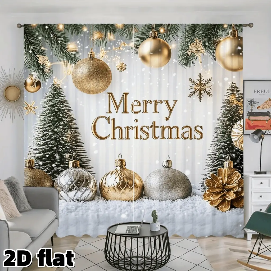 2D Flat 2Pcs Festive Christmas Curtain Panels Pine Tree Baubles Print Semi Sheer Rod Pocket Design Golden Holiday Theme Backdrop for Living Room Bedroom Kitchen Window Treatment Christmas Party Decor Privacy Protection