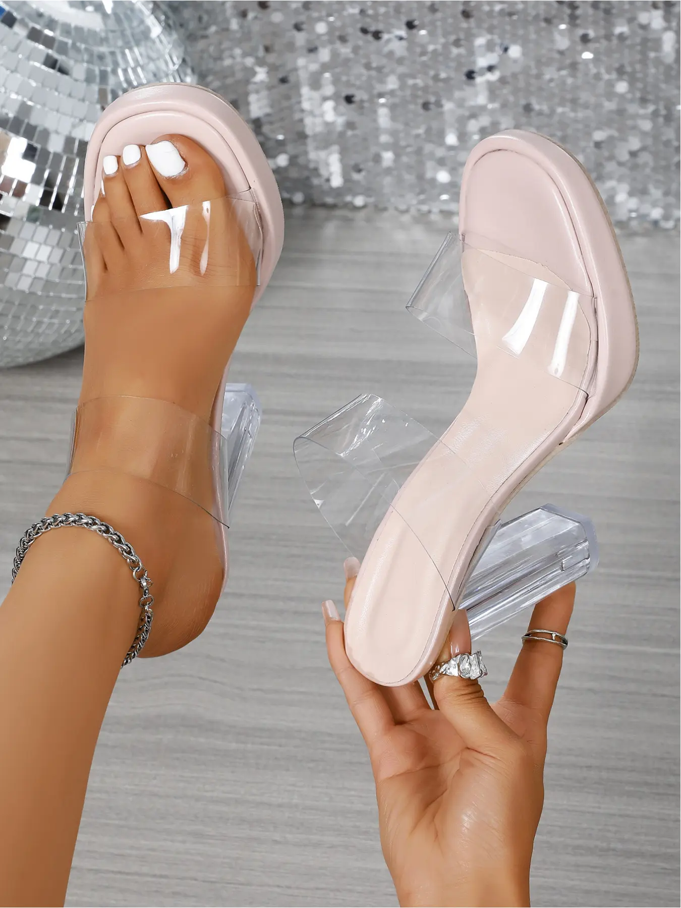 Fashion Pink Transparent-Strap Platform Ankle Strap Sandals Women's Summer Square-Toe Chunky Heel High Heel Sandals Crystal Heel Non-Slip Beach Sandals | Euro-American Style Nightclub Party Outfit Essential