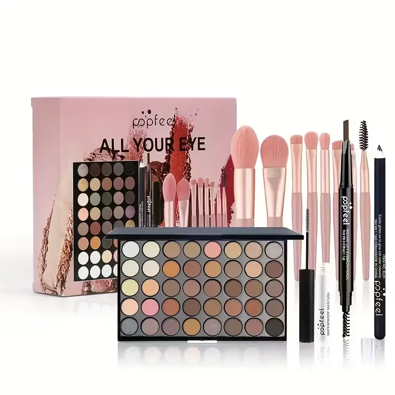 popfeel 40-Color Eyeshadow Palette and Makeup Kit for Beginners, Moisturizing Formula for All Skin Types with Mascara, Eyeliner, and Brush, Anti-Frizz, Daily Care, Pencil, Perfect Beauty Solution