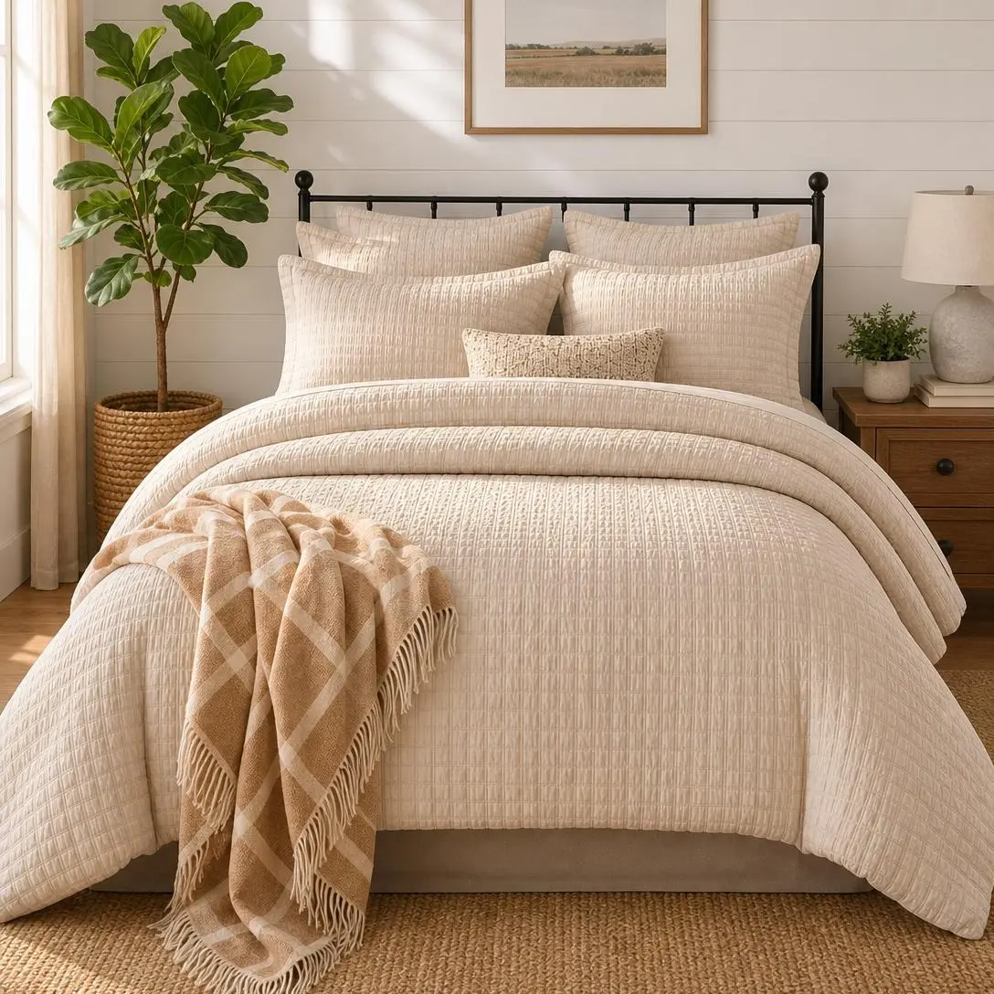 MUXHOMO 7 Pieces Queen Comforter Set, Seersucker Bed in a Bag Queen Size, All Season Luxury Bedding Set with Comforter, Flat Sheet, Fitted Sheet, Pillowcases & Shams, Beige,back to school,back to school shopping,home decor