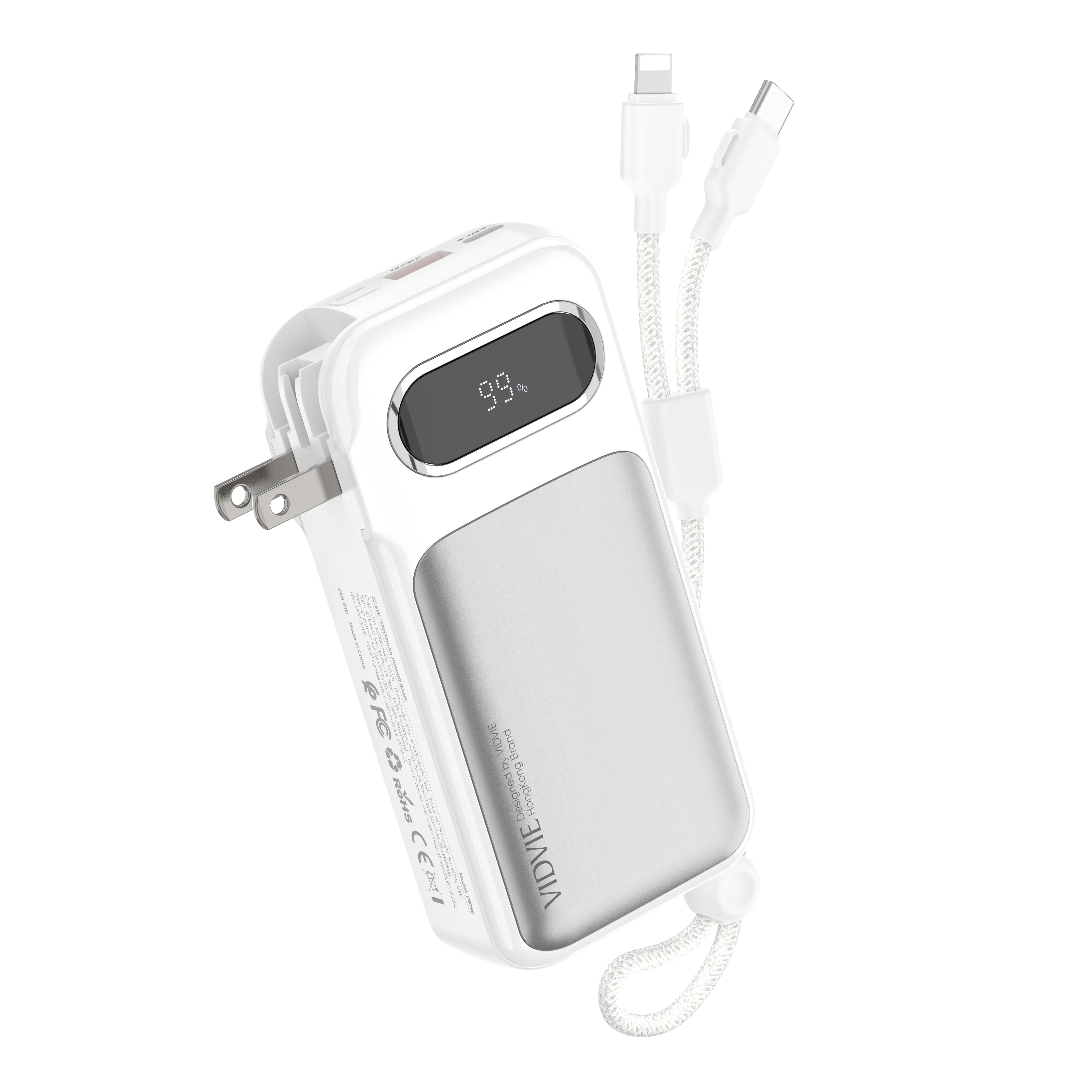 10000mAh Power Bank with Built-In Cables & Wall Plug