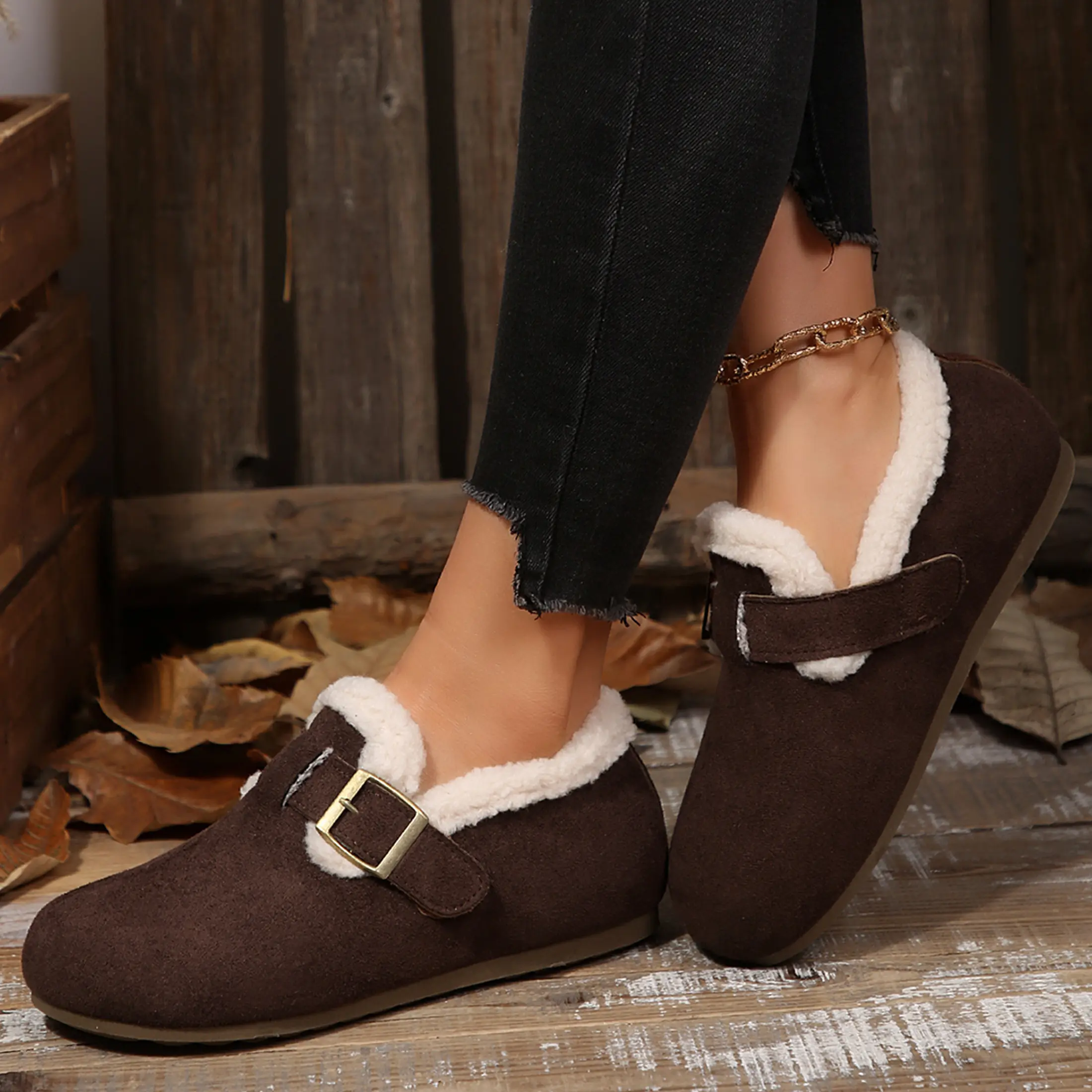 Women's Warm Lined Clogs Fuzzy Cork Footbed Adjustable Buckle Mules Slip On Winter Snow Boot Slipper House Indoor Outdoor Shoes