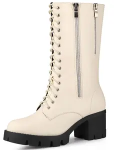 BLISSFUL STEP Lace Up Platform Block Heel Mid Calf Combat Boots