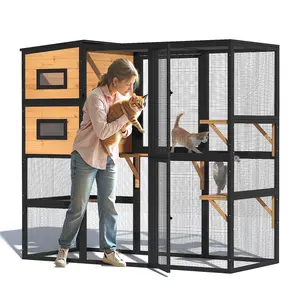 Catio Outdoor Cat Enclosure, Large 4 Tiers Cat Catio Connect to Window for Outdoor Indoor Cats with Weatherproof Roof, Resting Rooms, Platforms, Large Door, 76" L x 32.9" W x 70.8" H, Black&Grey&White