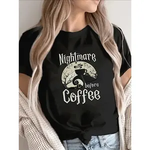 Short Sleeve T-Shirt with Nightmare Before Coffee Graphic, Lightweight And Durable for Casual Wear in Kitchen Or Living Room, Perfect for Coffee Lovers And Halloween Fans