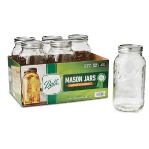 Glass Mason Jar W/Lid & Band, Wide Mouth, 64 Ounces, Half gallon mason jars are BPA-free, Suitable for canning and multi-purpose storage