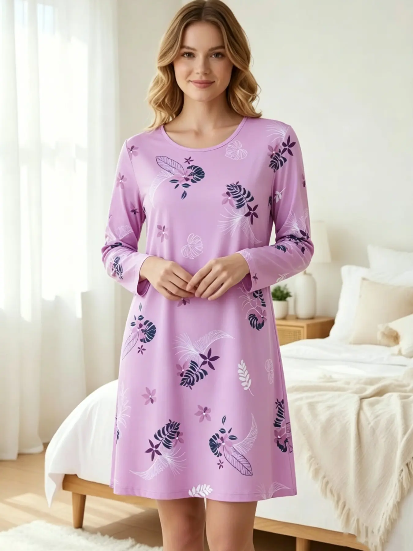Women's Ditsy Floral Pattern Sleep Dress, Round Neck Long Sleeve Thin Dress, Casual Comfortable Wearable Loungewear Pajamas, Perfect Sleeping Gown for Spring & Fall