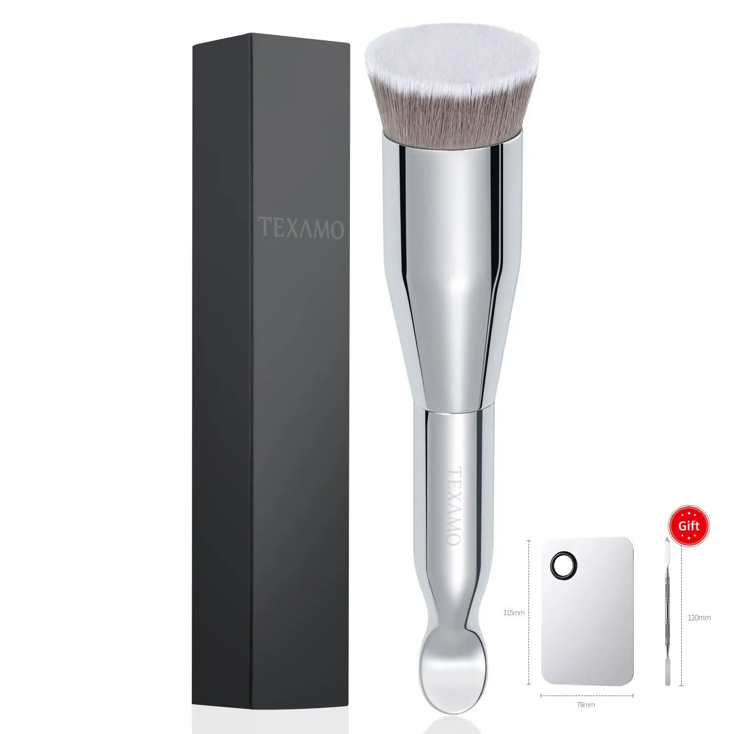 Texamo Diwei Silver Scoop Foundation Brush Extended Edition+Set palette Upgraded Foundation Brush Kabuki for Liquid Makeup, Angled Flat Top Kabuki Brushes Stippling Blurring Buffing Face Blending Base Makeup Brush