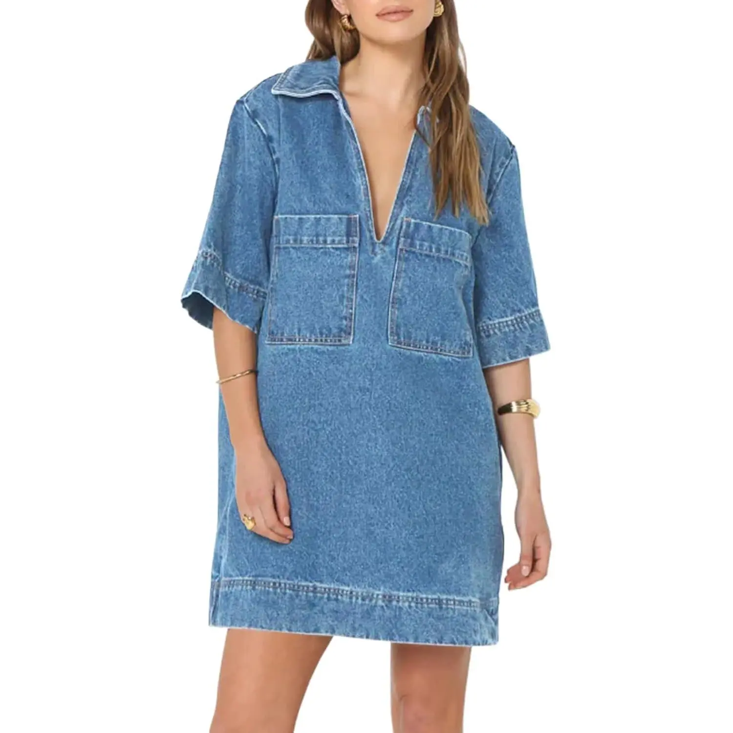 Imily Bela Womens Denim Shirt Dress Summer Collared V Neck Mini Casual Jean Dresses with Pockets