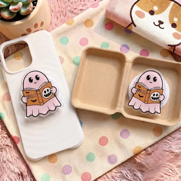 Cute Reading Ghost Pink Spooky Bookworm MagSafe Phone Grip, Kawaii Little Spirit Reading a Book PopSocket, Aesthetic Halloween Reader Accessory, TikTok Viral Merch