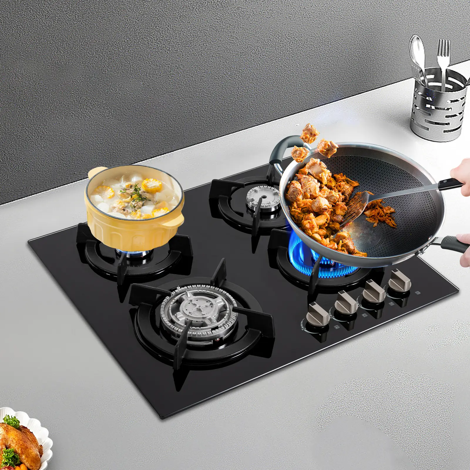CNCEST 4-Burner NG/LPG Compatible Gas Burner Stove - Built-in Cooktop with Electronic Ignition, Tempered Glass Countertop, Modern Sleek Design, 5 Burnercaps, Detachable Pot Brackets, 20kg Capacity for Restaurants, Schools, Gas Stove Cooktop