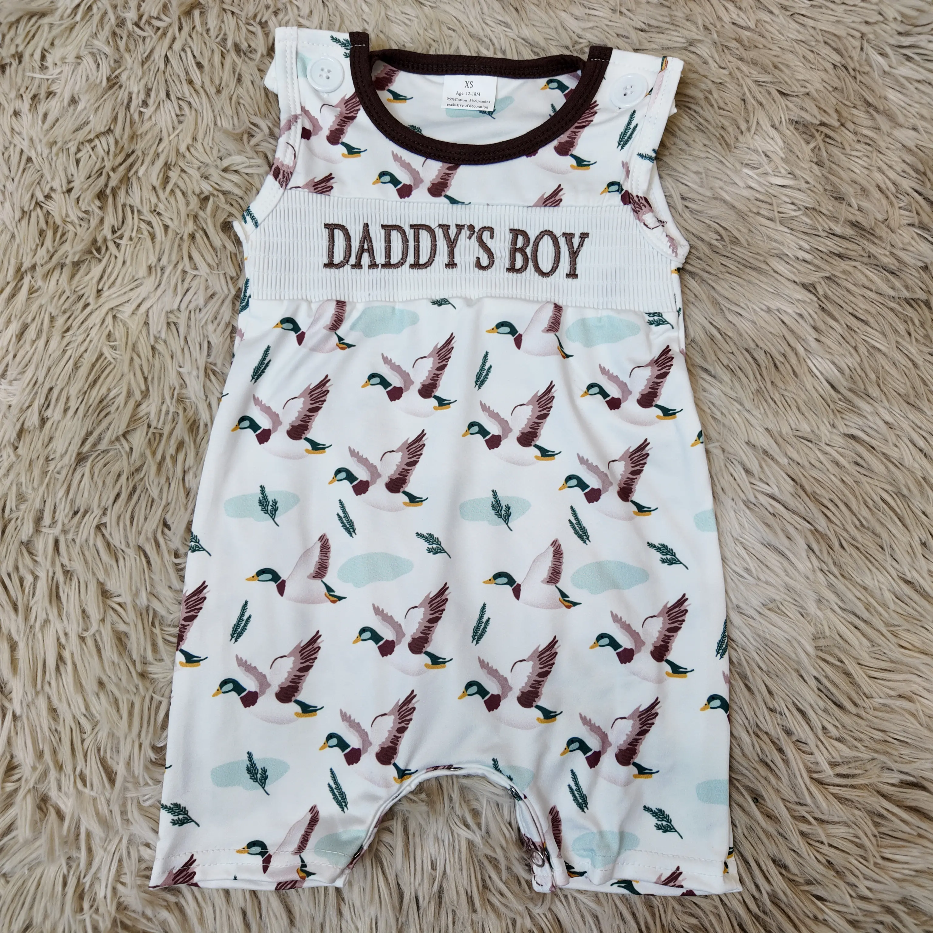 Baby Boys Clothing Smocked Sleeveless Crew Neck Romper, 'DADDY'S BOY' Toddler Bodysuit with Duck Print, Fun Themed Bodysuits, Animals, Casual Wear, 2T, Snug Fit, Adorable Style Baby Boys Bodysuits & One-Pieces