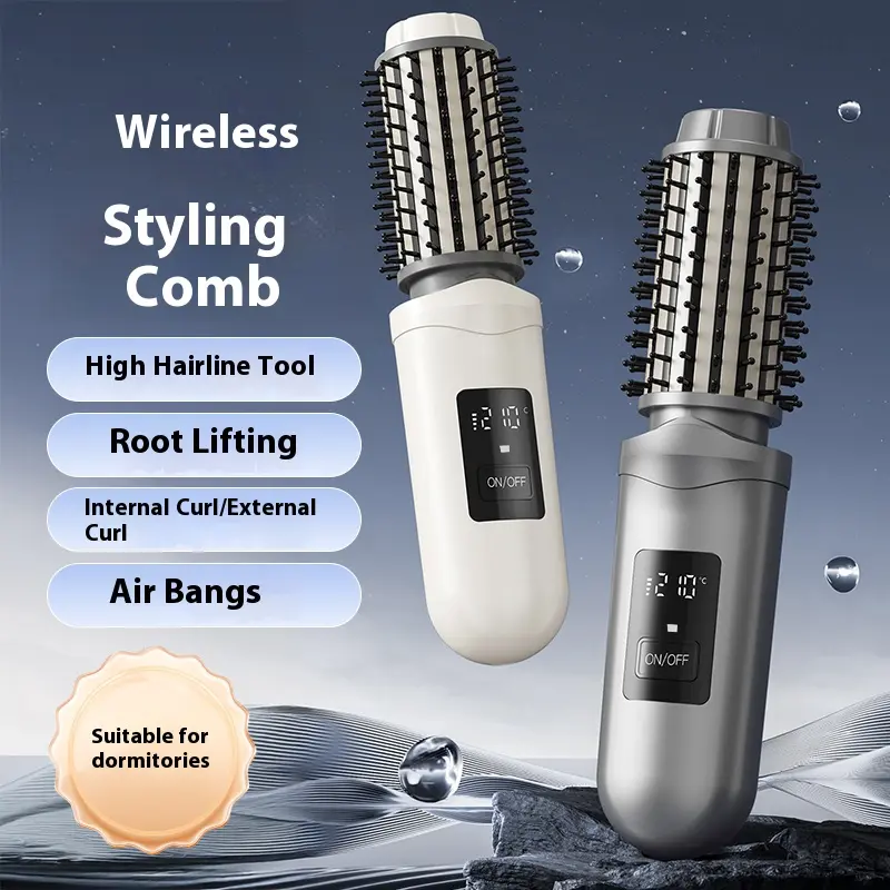 Wireless Cordless Hair Curler, Hair Straightening Brush, Rechargeable 2-In-1 Styling Tool Hair Styler with LED Display, 3 Temperature Settings | Portable Mini Hot Brush for Travel And Home