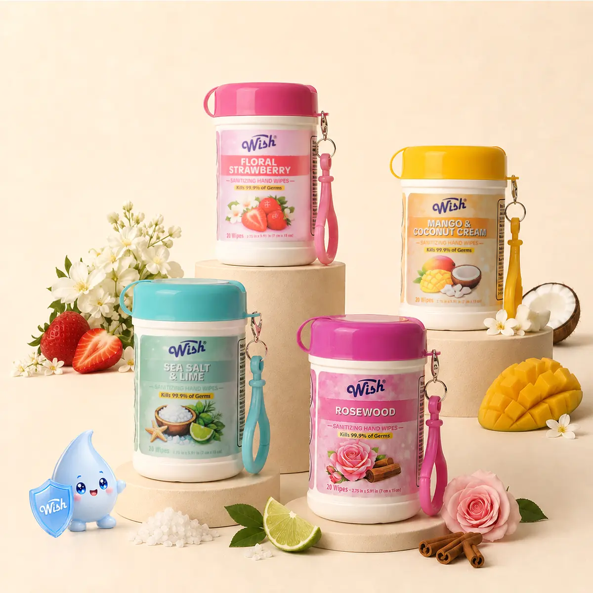 【NEW! PICK YOUR SCENT】Wish Sanitizing Hand Wipes 4-Pack - Rosewood, Mango Coconut Cream, Floral Strawberry & Sea Salt Lime - Clip-On Portable Wipes, Kills 99.9% of Germs, 20 Count Each