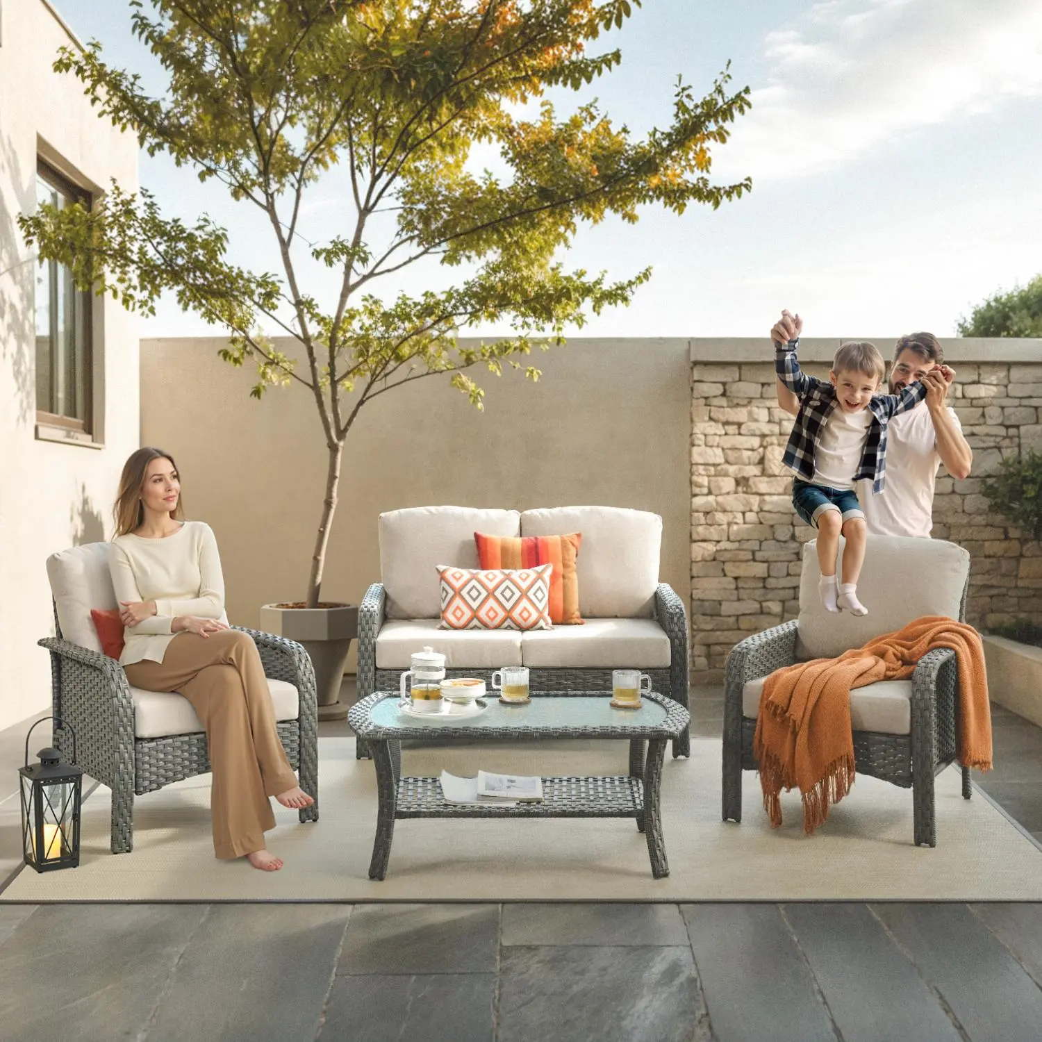 【Summerfinds】Ovios 4 Pieces Patio Furniture Set, Outdoor Wicker Sofa with Coffee Table, Chairs, All Weather High Back Rattan Loveseat Couch with Comfy Cushions