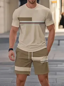 Men's Outdoor Set, Summer Trendy Short Sleeve Round Neck Quick-Dry Shirt + Shorts, 3D Digital Print Vintage Style, Casual Streetwear, Menswear
