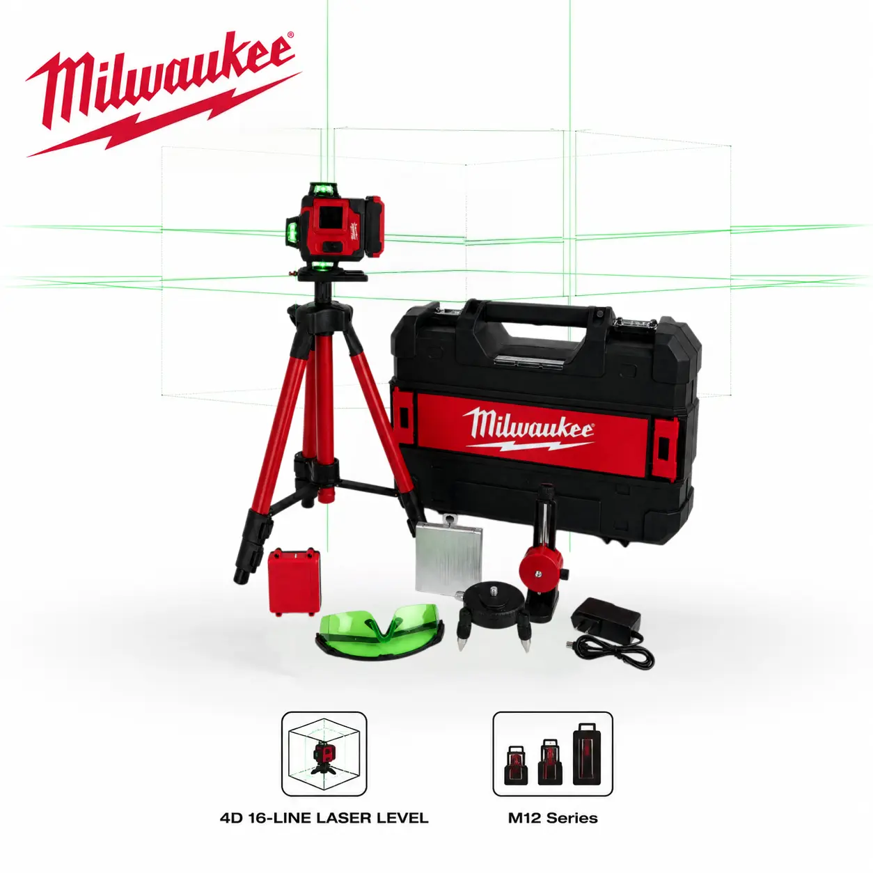 Milwaukee M12 4D 16-Line Laser Level - M12 Lithium-Ion Powered, ±0.1mm/10m Accuracy, ±4° Auto-Leveling Range, for Interior Renovation, Wall Layout, General Construction Surveying