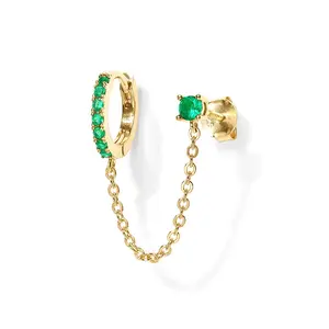 Women's 14K Gold Plated Double Piercing Jewelry Set - Dangle Chain Huggie Hoop Earrings with Cubic Zirconia, Single Stud Ear Cuff, Diamond Dust Grillz, Accessories for Women,wedding themed accessory,western bridal accessory