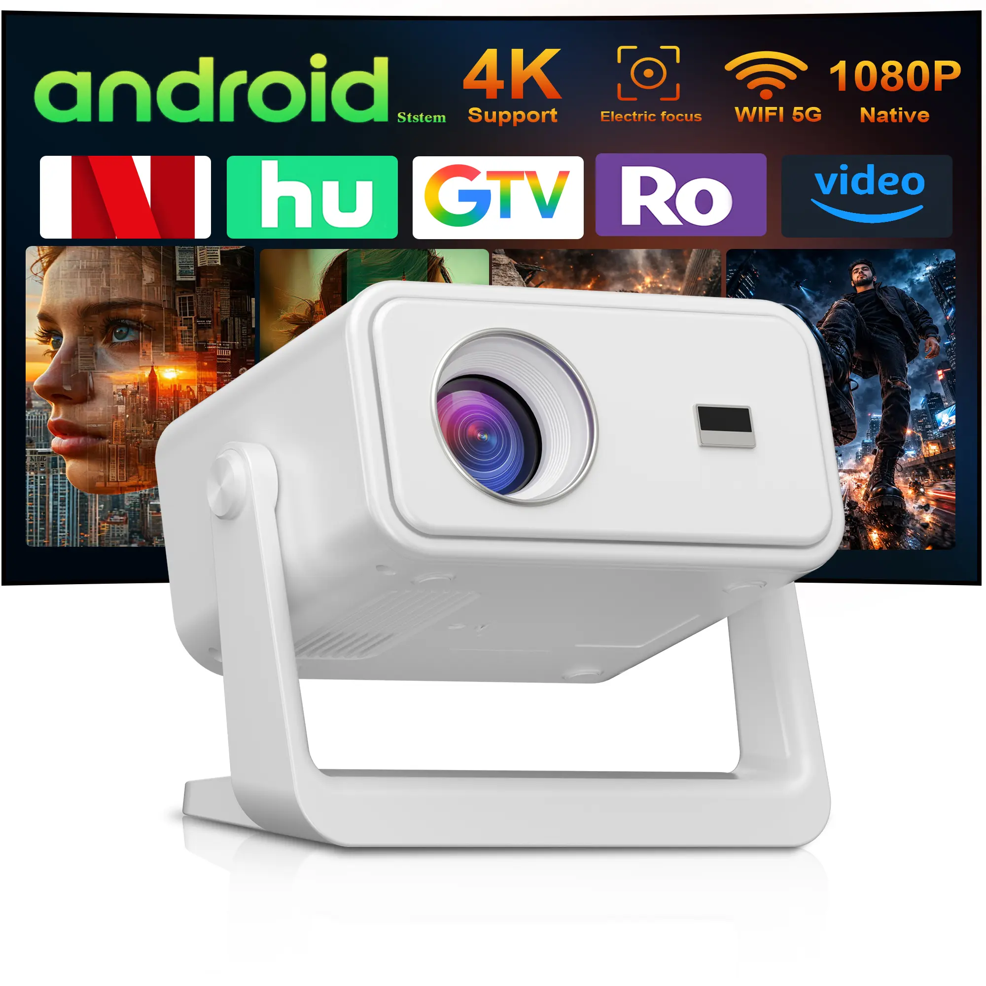 smart Android 4K Projector with 1080P Native Resolution, WiFi 5G Support, Electric Focus, and Streaming Apps，Compatible with audio systems, headphones, mobile phones, and computers; suitable for parties, office use, home use, and outdoor activities.