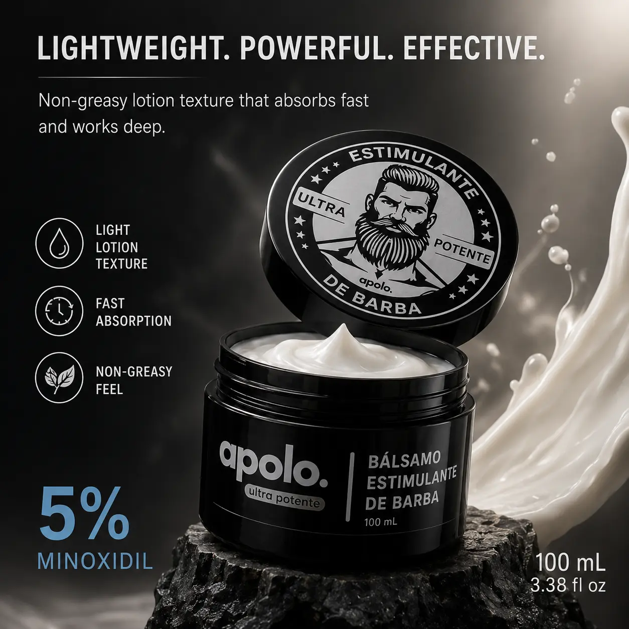 Apolo Ultra Potente Minoxidil Beard Growth Cream, Super Strong Beard Follicle Repair Balm, Target Beard Alopecia & Patchy Spots, Men’s Blend for Rapid Full Beard Regrowth