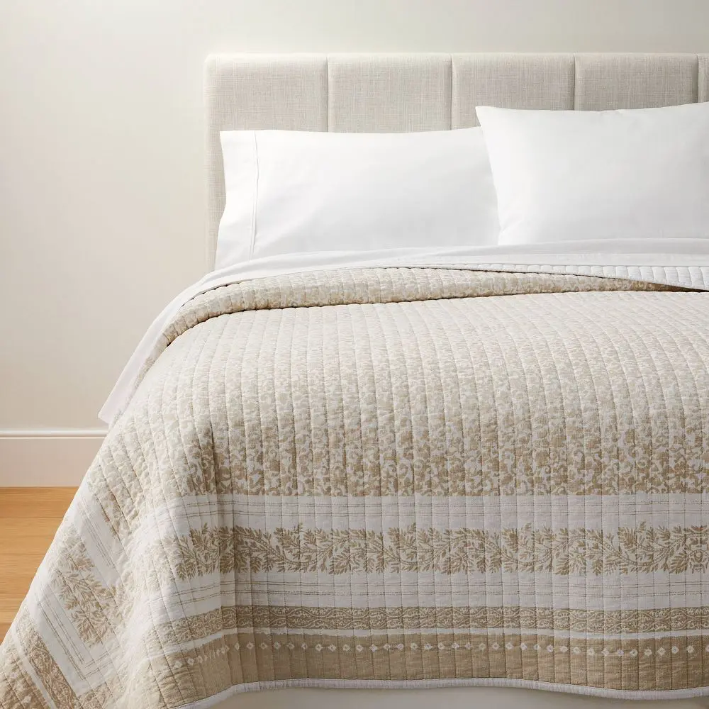 Threshold designed with Studio McGee Full/Queen Cotton Slub Wood Block Print Quilt, White/Beige Floral Decorative Border Bedding Set for Bedroom Decor Ideas
