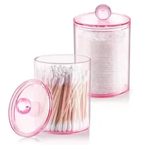 Qtip Holder Dispenser, 2 Pack 10 oz, 12 oz Plastic Apothecary Jar Set for Bathroom Canister Storage Organization,Vanity Makeup Organizer for Cotton Swab, Ball, Pads, Floss.(Pink)
