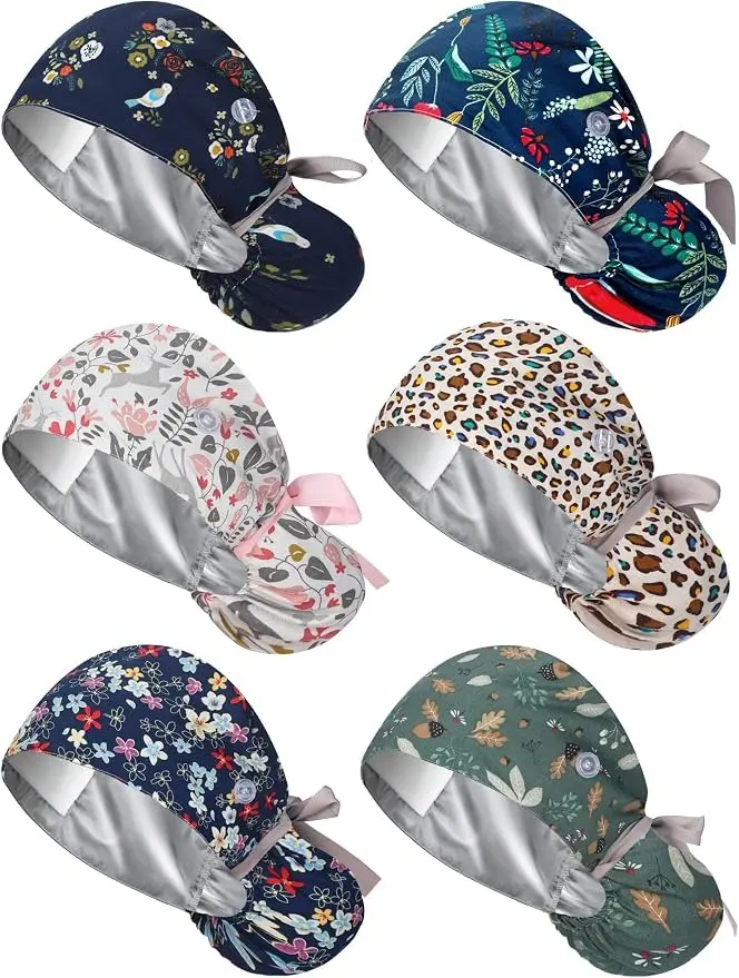 6 Pcs Scrub Caps for Women with Buttons, Adjustable Bouffant Surgical Caps with Ponytail Holder, Cotton Nurse Hats