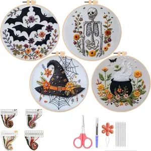 Halloween Embroidery Kit, Halloween Cross Stitch Kit, 4 Set Gothic Embroidery Starter Kit for Beginners, Unisex, 6 Inch, Cross Stitch, Needlepoint, DIY, Craft Kit (4 Set)