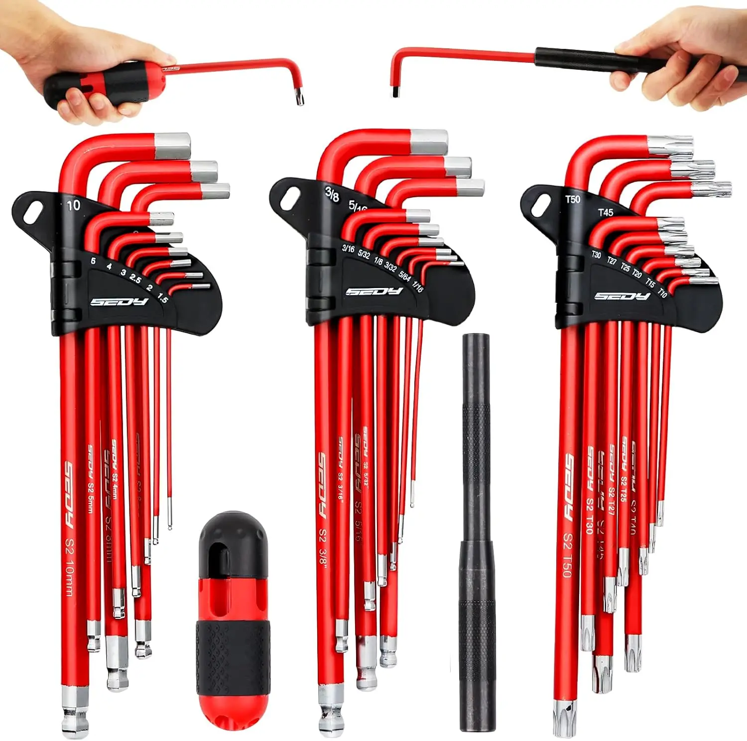 30-Piece Long Arm Ball End L-Hex & Torx Key Tool Kit Set, Hex Combination Wrench with Grip Handle, T-Handle & Extension Bars, SAE 1/16"-3/8", Metric 1.5mm-10mm, Torx T10-T50, Specialty Mechanic Tools for Mechanics, Christmas Gift,father