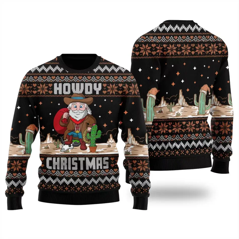 Howdy Christmas Sweater – Funny Cowboy Santa Holiday Knit Pullover | Western Ugly Xmas Sweater for Men & Women