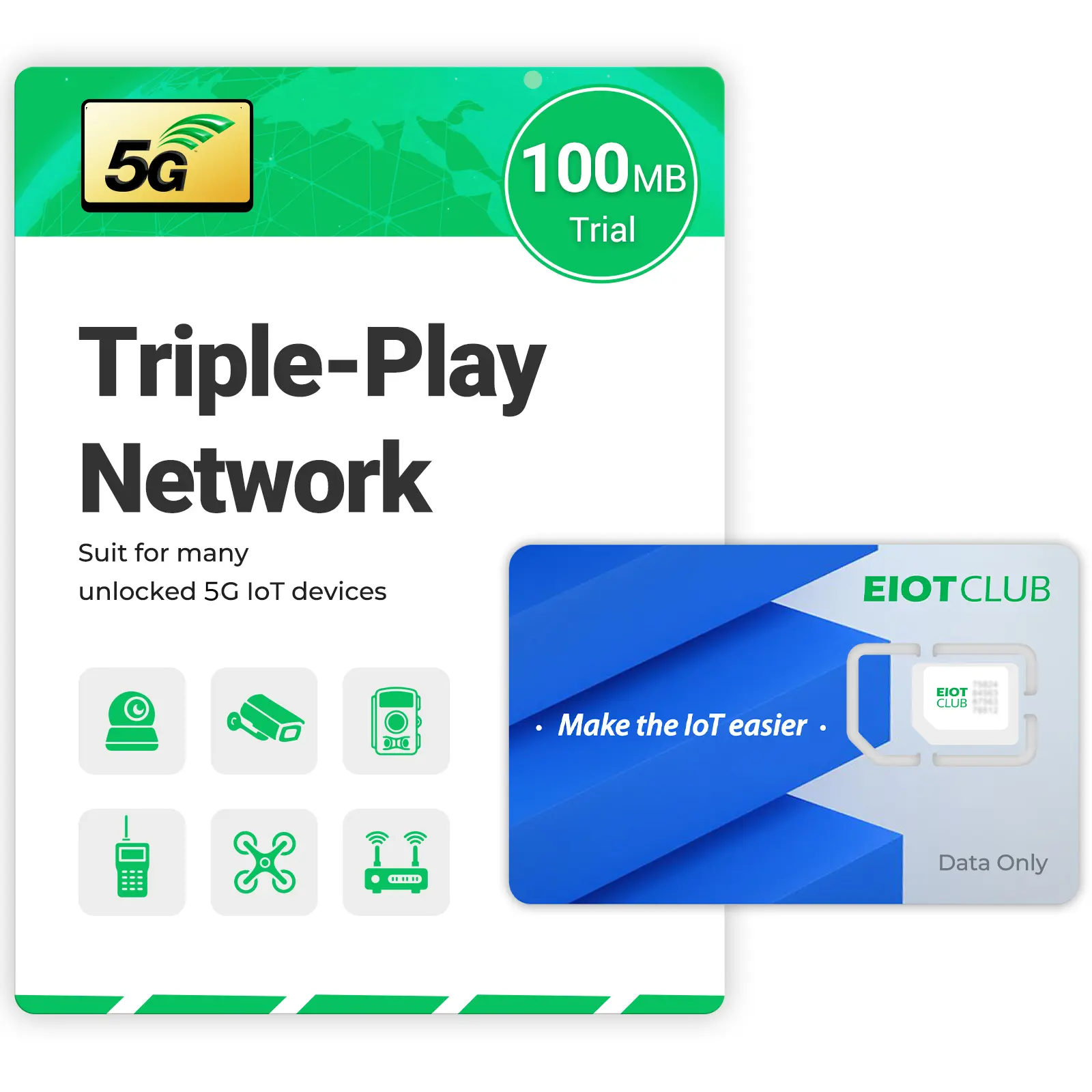 EIOTCLUB Prepaid Triple Play Cellular Data-Only SIM Card - Supports Verizon, AT&T, T-Mobile, 5G - for Security Cameras, Hunting Cameras, Unlocked IoT Devices, Routers - Pre-Cut Nano/Micro/Standard Sizes with Easy-to-Adjust Plans